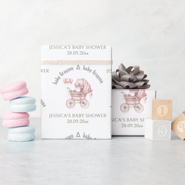 Pink Baby Carriage Personalised Baby Shower  Wrapping Paper (Creator Uploaded)