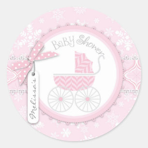 Pink Baby Carriage & Winter Snowflake Classic Round Sticker