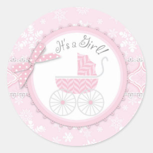 Pink Baby Carriage & Winter Snowflake Classic Round Sticker