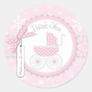 Pink Baby Carriage & Winter Snowflake Thank You Classic Round Sticker