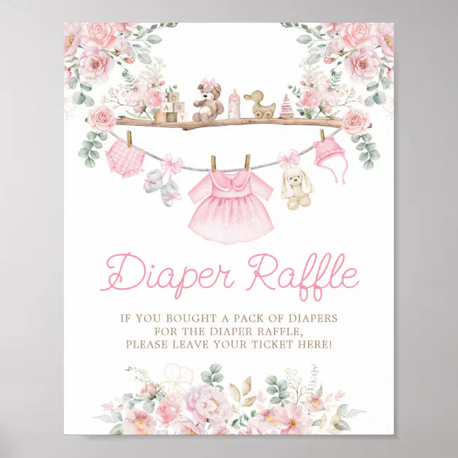 Clothes Line Raffle Pink Baby Clothes Floral Clothesline Diaper Raffle Poster | Zazzle