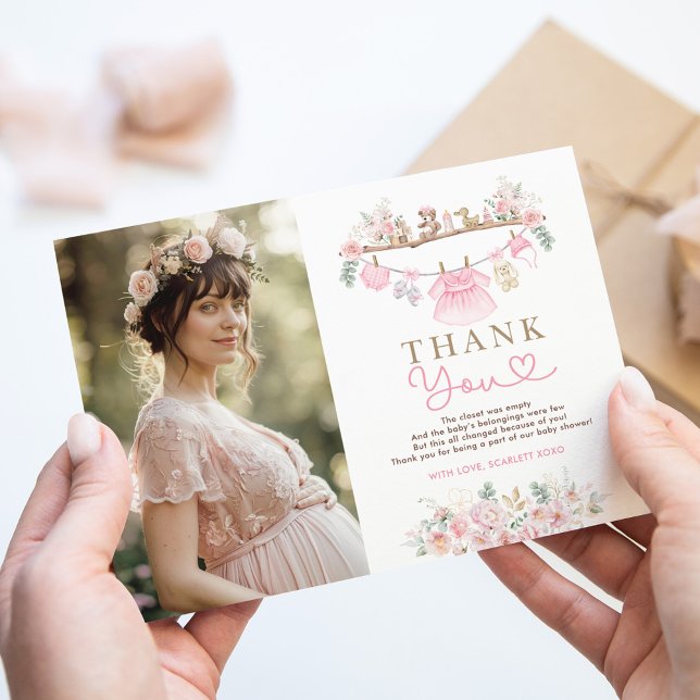 Pink Baby Clothes Girl Laundry Baby Shower Thank You Card (Creator Uploaded)