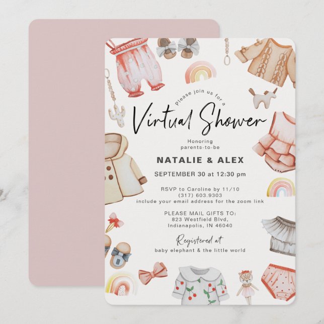 Pink Baby Clothes & Toys Virtual Baby Shower Invitation (Front/Back)