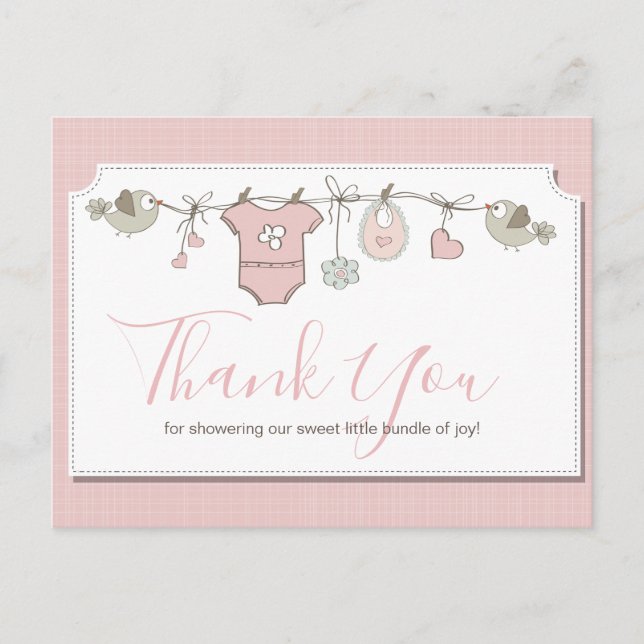 Pink Baby Clothesline Baby Shower Thank You Postcard (Front)
