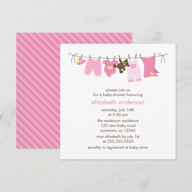 Pink Baby Clothesline Girl Baby Shower Invitation (Front/Back)