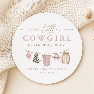 Pink Baby Clothesline Little Cowgirl Baby Shower Round Paper Coaster