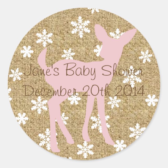 Pink Baby Deer and Snowflake Burlap Sticker (Front)