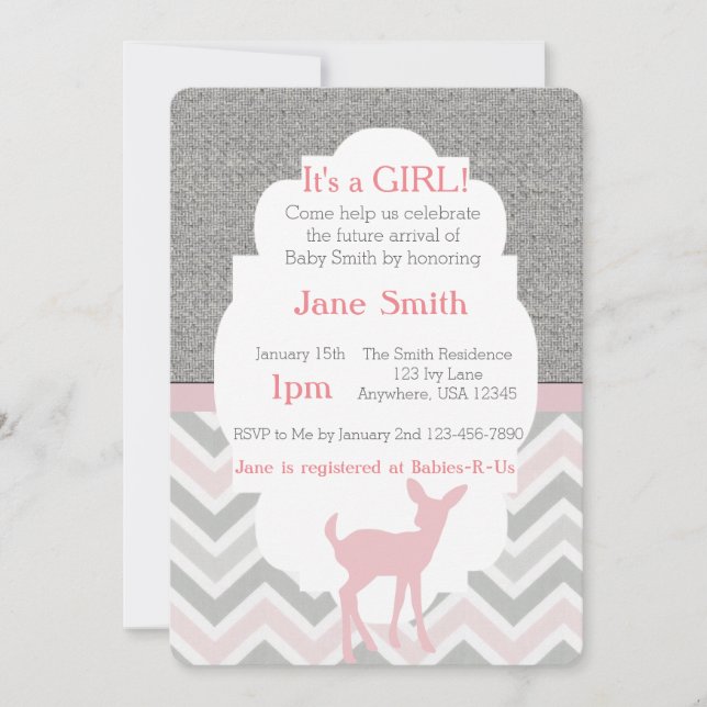 Pink Baby Deer Chevron & Burlap Baby Shower Invite (Front)