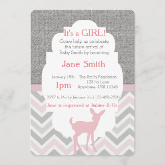 Pink Baby Deer Chevron & Burlap Baby Shower Invite