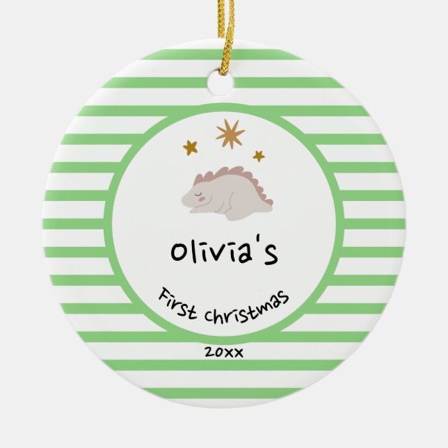 Pink Baby Dino | First Christmas Green Stripe Ceramic Tree Decoration (Front)