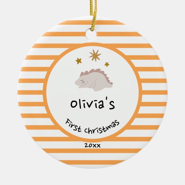Pink Baby Dino | First Christmas Orange Stripe Ceramic Tree Decoration (Front)