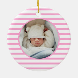 Pink Baby Dino First Christmas Pink Stripe Chic Ceramic Tree Decoration