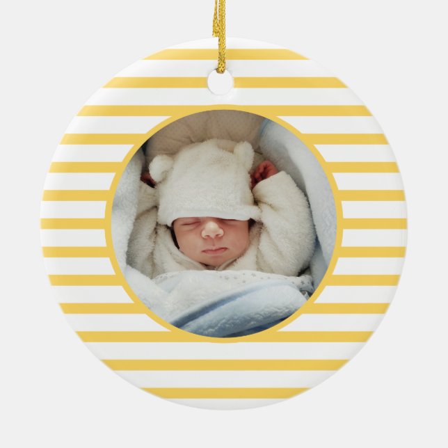 Pink Baby Dino | First Christmas Yellow Stripe Ceramic Tree Decoration (Back)
