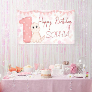 Pink baby dinosaur 1st birthday party personalised banner