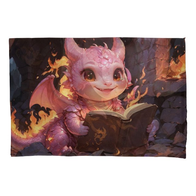Pink Baby Dragon Reads a Book  Pillowcase (Front)