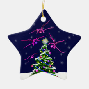 Pink Baby Dragons Encircle a Christmas Tree Ceramic Tree Decoration