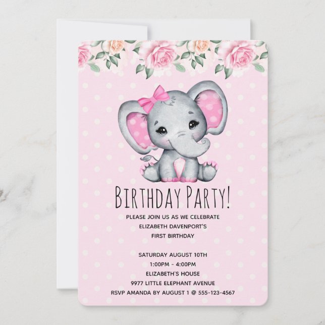Pink Baby Elephant and Roses Border Baby Shower Invitation (Front)