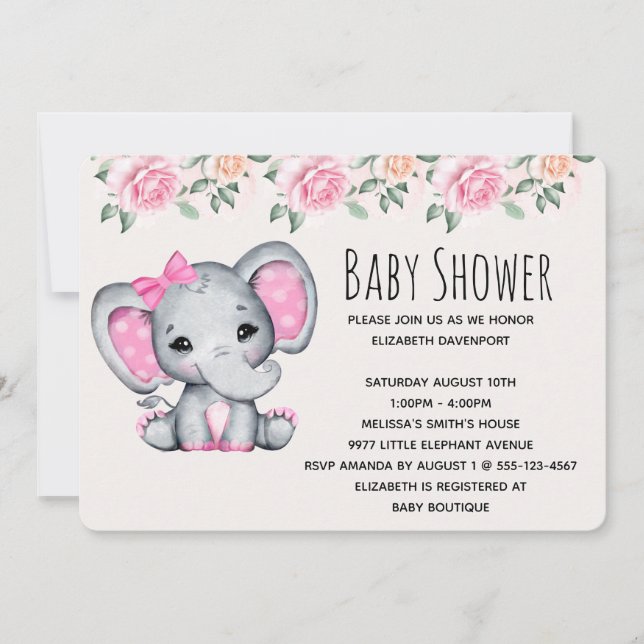 Pink Baby Elephant and Roses Border Baby Shower Invitation (Front)