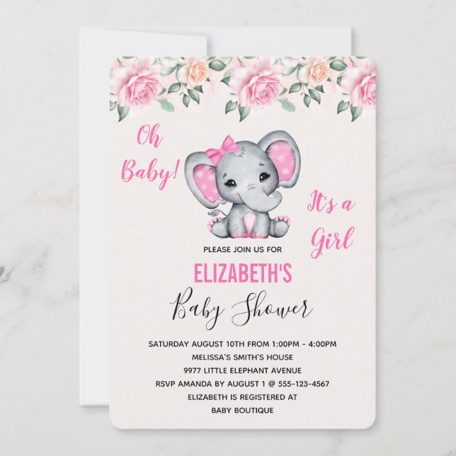 Pink Baby Elephant and Roses Border Baby Shower Invitation (Front)