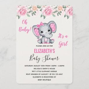 Pink Baby Elephant and Roses Border Baby Shower Invitation