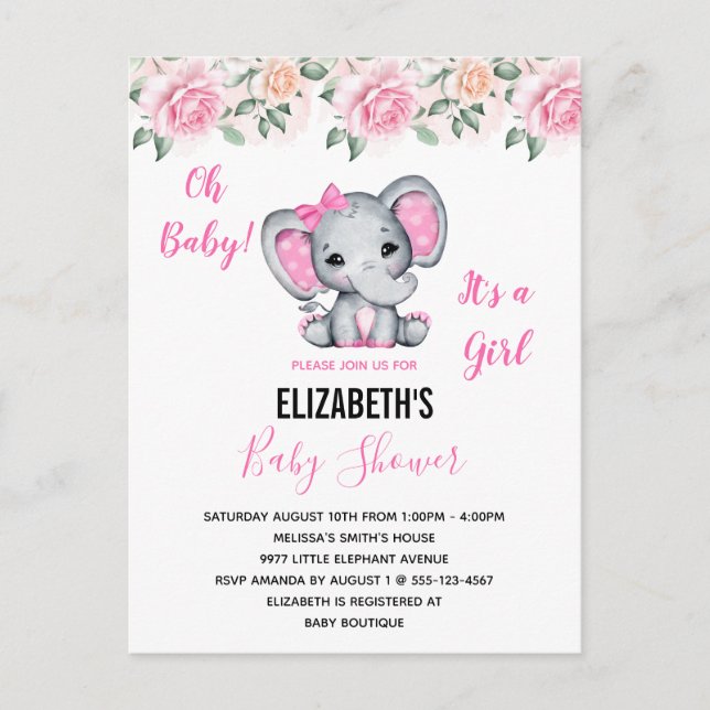 Pink Baby Elephant and Roses Border Baby Shower Invitation Postcard (Front)