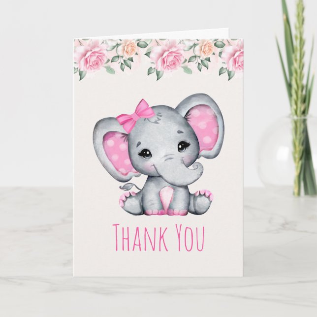 Pink Baby Elephant and Roses Border Thank You Card (Front)