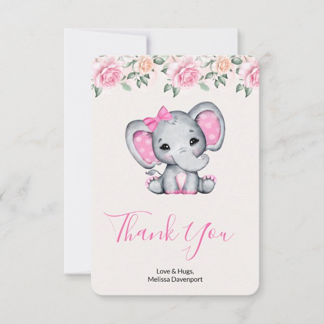 Pink Baby Elephant and Roses Border Thank You Card (Front)