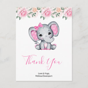 Pink Baby Elephant and Roses Border Thank You Postcard