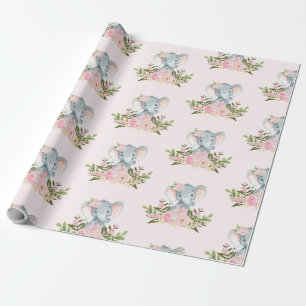 Pink Baby Elephant Girl Shower 1st Birthday Party Wrapping Paper