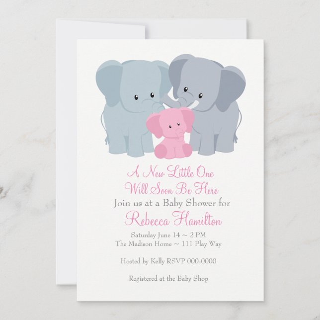 Pink Baby Elephant Invitation (Front)