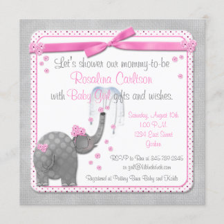 Pink Baby Elephant Shower Invitations