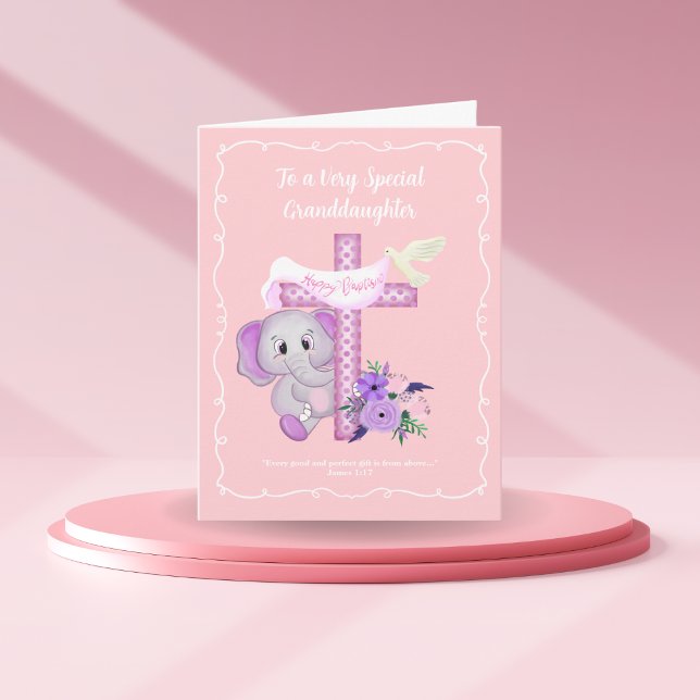Pink Baby Elephant With Dove And Cross Baptism  Card (Creator Uploaded)