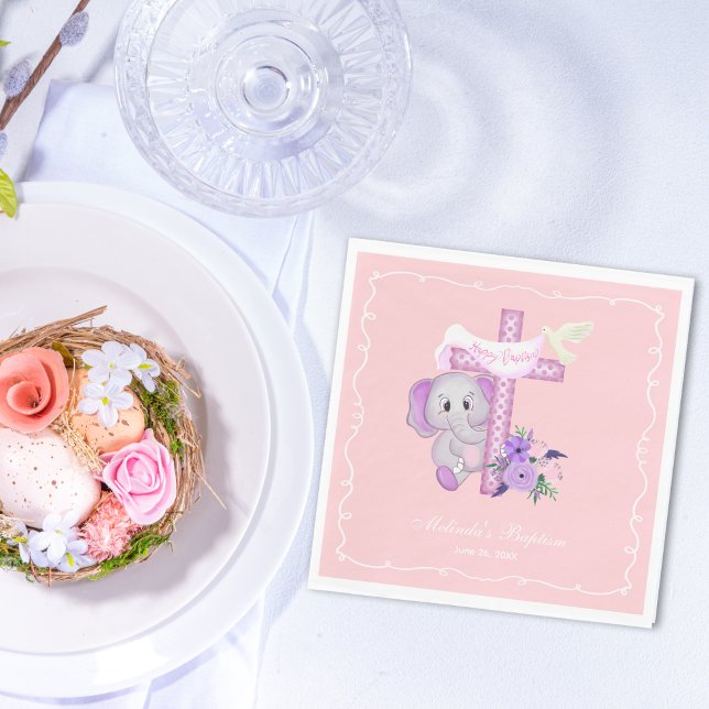 Pink Baby Elephant With Dove And Cross Baptism  Napkin (Creator Uploaded)