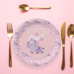 Pink Baby Elephant With Dove And Cross Baptism  Paper Plate