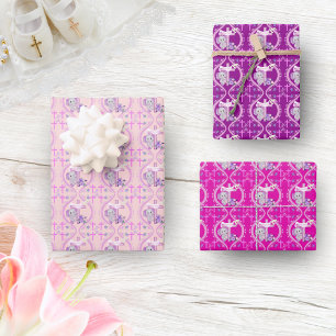 Pink Baby Elephant With Dove And Cross Baptism  Wrapping Paper Sheet