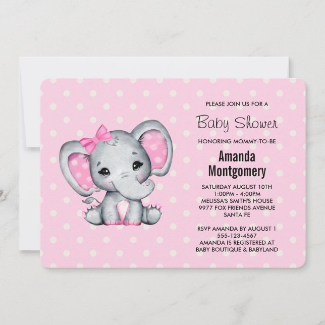 Pink Baby Elephant with Polka Dots Baby Shower Invitation (Front)