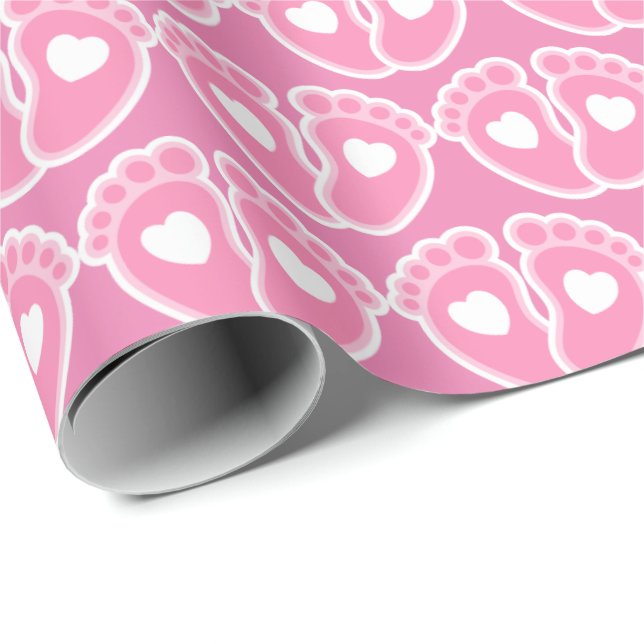Pink Baby Feet and Hearts Pattern New Baby Girl Wrapping Paper (Roll Corner)