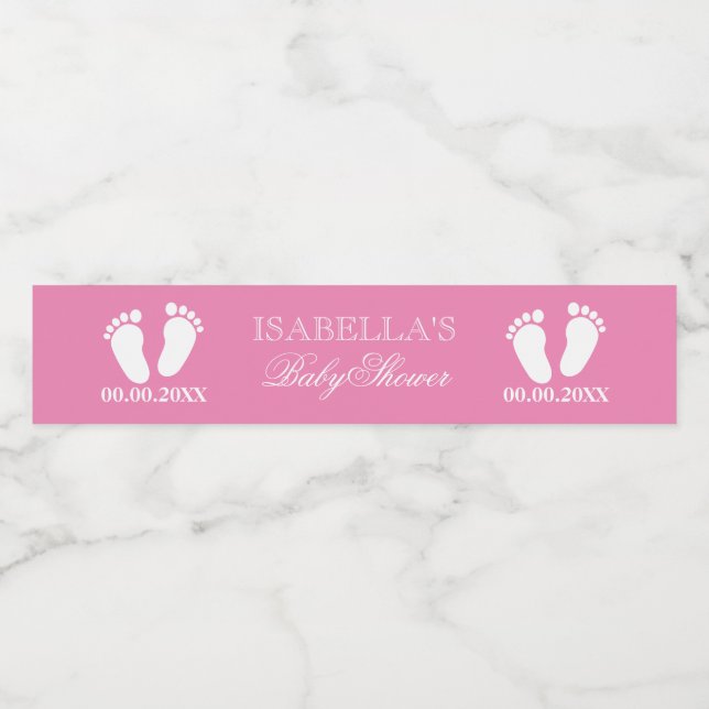 Pink baby feet footprints custom girls baby shower water bottle label (Single Label)