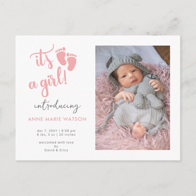 Pink Baby Feet its a Girl Photo Birth Announcement Postcard (Front)
