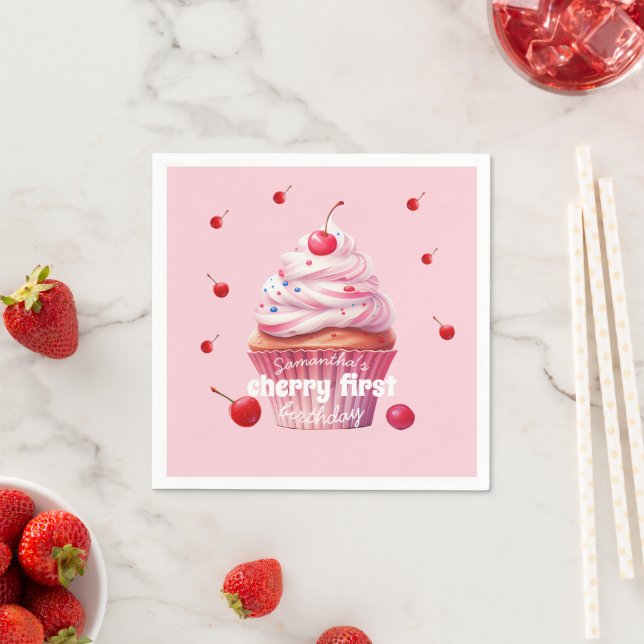 Pink Baby First Cherry & Cupcake Birthday Party  Napkin (Insitu)