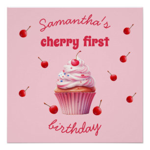 Pink Baby First Cherry & Cupcake Birthday Party Poster