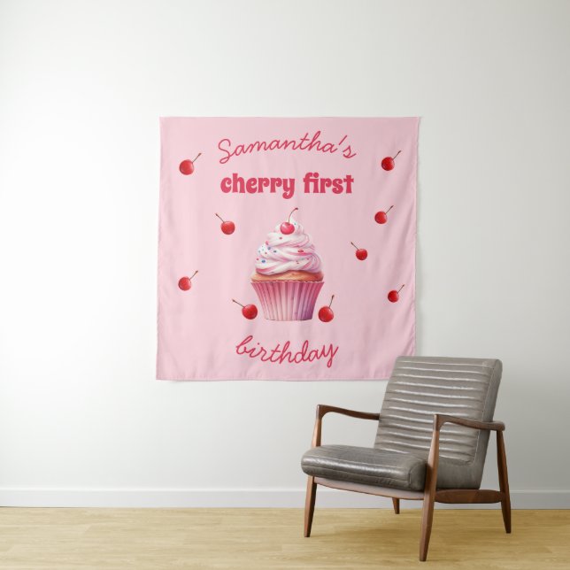 Pink Baby First Cherry & Cupcake Birthday Party  Tapestry (In Situ)