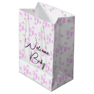 Pink Baby Footprints and Hearts On White Medium Gift Bag