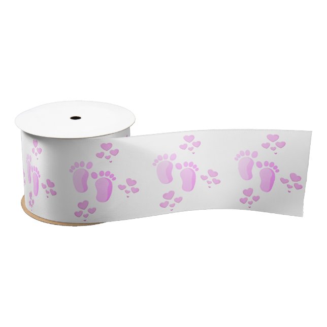 Pink Baby Footprints and Hearts On White Satin Ribbon (Spool)