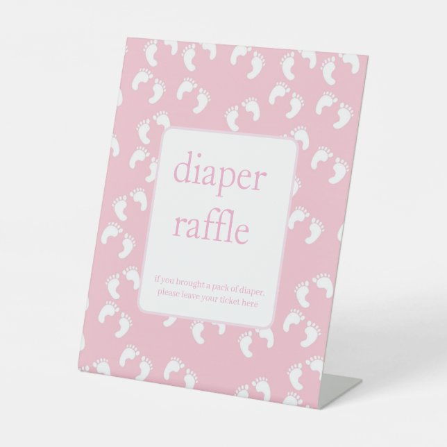 Pink Baby Footprints Diaper Raffle Baby Shower  Pedestal Sign (Front)