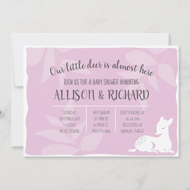 PINK Baby Garden Deer Dear Baby Shower Invite (Front)