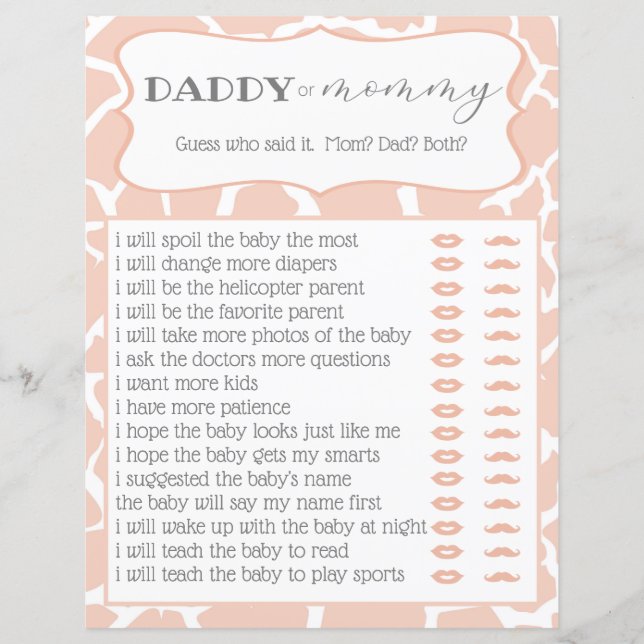 Pink Baby Giraffe Shower Game Who Said It (Front)