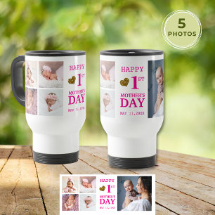 Pink Baby Girl 1st Mother's Day 5 Photo Collage    Travel Mug