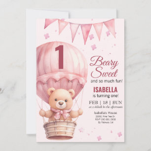 Pink Baby Girl Air Ballon Teddy Bear Birthday Invitation