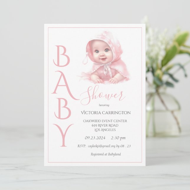 Pink Baby Girl Baby Shower Invitation (Standing Front)